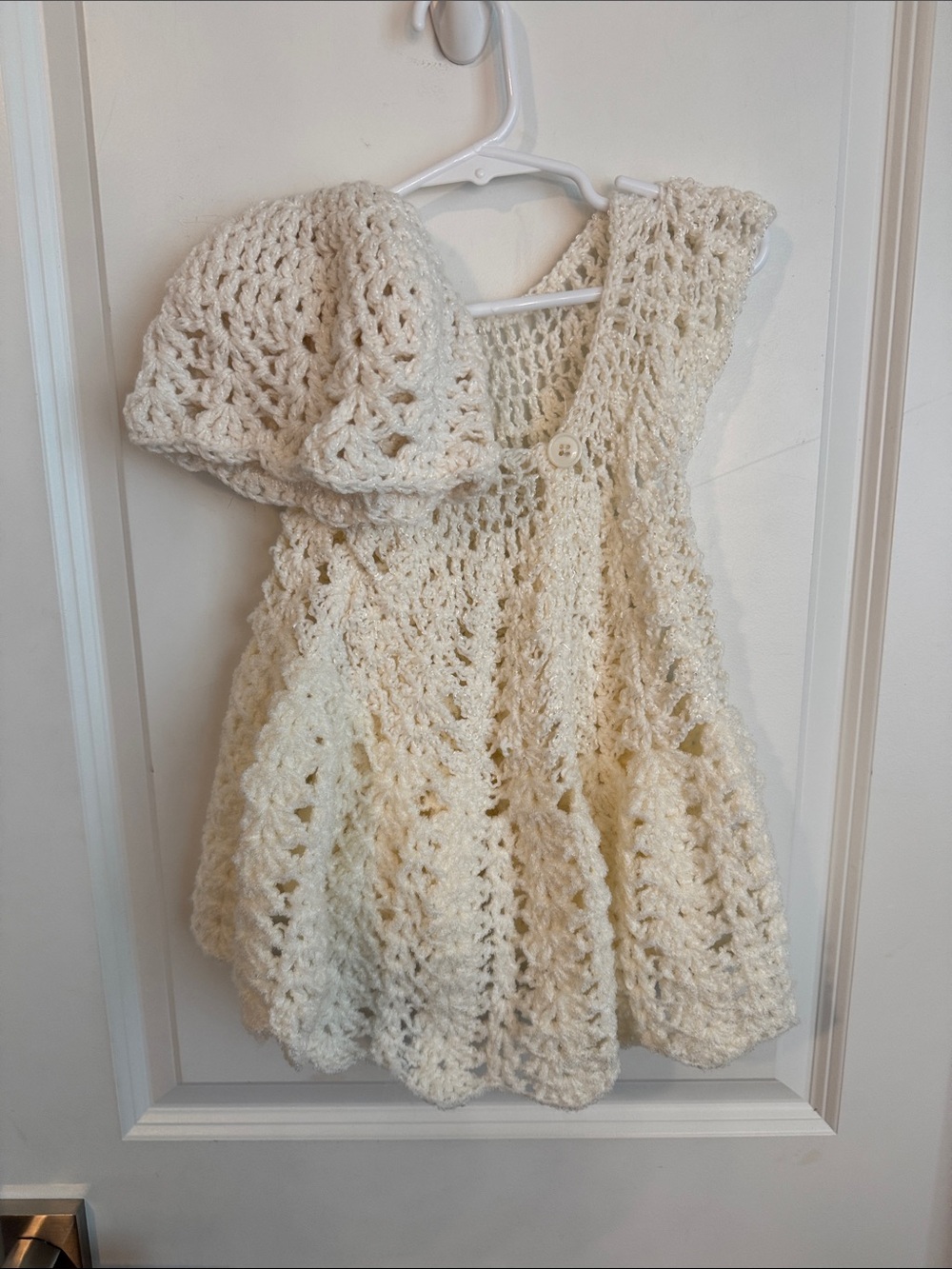 Cream Hand-Knit Girls' Casual Dress with Matching Hat